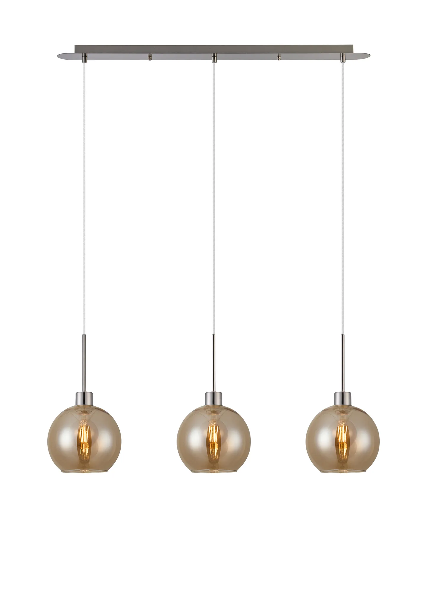 DK1393  Lori Linear Pendant, 3 Light Adjustable E27, Satin Nickel/Amber Open Mouth Round Globe Shades
